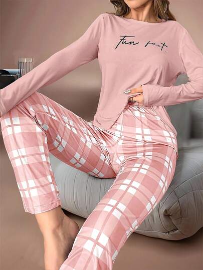 Lazeform Conjunto de pijama con top de manga larga con estampado de letras y pantalones a cuadros, ropa de otoño e invierno cómoda y elegante