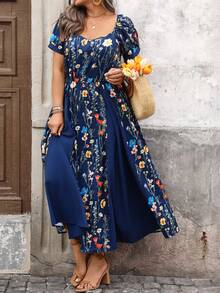 EMERY ROSE Đầm dáng xòe ngắn tay phối màu kiểu Pháp thanh lịch, cỡ lớn, thích hợp cho công sở, thích hợp mặc mùa xuân/hè. - Xanh đậm - Xem 4