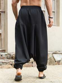 VENTUSAIL 男士纯色抽绳腰休闲百搭日常低裆哈伦裤宽松男士裤子哈伦裤男士宽松裤韩版裤男士日版裤男士复古风，适合日常休闲、周末旅行、户外活动、探险旅行、轻松的工作环境或半正式场合，也是送给男友/丈夫的礼物，周年纪念/生日礼物，派对、暑假、新年、婚礼、情人节等场合的理想选择。 - 黑色 - 查看 2
