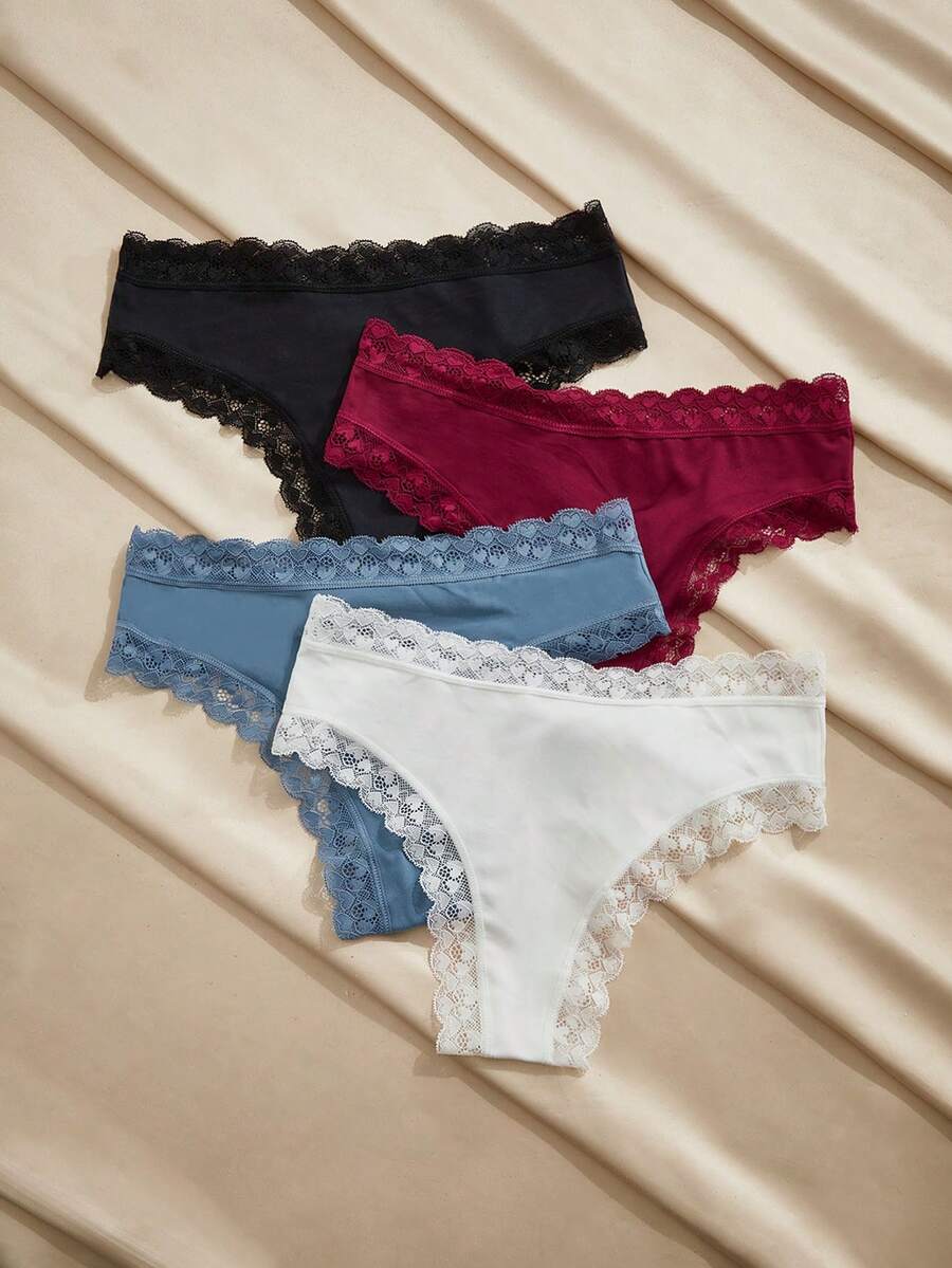 NudeFit 4pcs/Set Sexy Lace Trim Women's Thong Panties, All Season - Multicolor - View 1