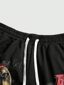 ROMWE MEN Pantalones cortos de hombre con estampado de anime lavado - Negro - Ver 4