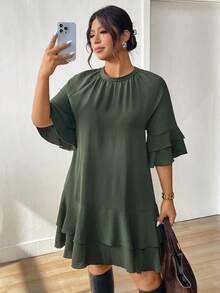 Lounesse Plus Size Women Green Ruffled Hem Dress, Versatile For Daily Wear, Dates, Vacation - Green - View 6