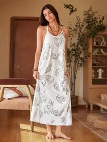 Lullawish Women's Bohemian Vacation Casual Pencil Sketch Elephant, Tropical Leaves & Coconut Tree Print Loose Comfortable Knit Ribbed Cami Nightgown - Multicolor - View 6