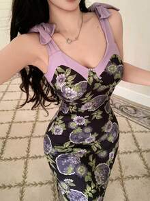 DAZY Floral Print Contrast Color Splice Fitted Sleeveless Long Women Nightgown - Black - View 4