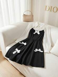 SHEIN 女童优雅简约舒适镂空领拼接撞色长袖连衣裙，蝴蝶结装饰精致公主裙，适合春夏郊游、拍照、派对、旅行 - 黑色 - 查看 4