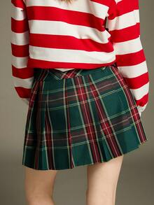 Elnivra Preppy Style Y2K Zip Side Tartan Pleated Skirt For New Year Clothes,Red And Green High-Waisted,Birthday Outfits,Spring/Summer For Valentine's Day - Green - View 2