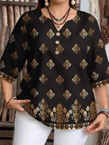 EMERY ROSE Lässiges minimalistisches goldenes Blume Muster Shirt in Große Größen mit V-Ausschnitt, schwarzes Top