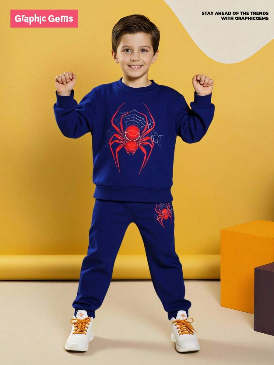 SHEIN Playful Pals 年轻男孩蜘蛛印花圆领运动衫和运动裤套装 - 黑色 - 查看 1