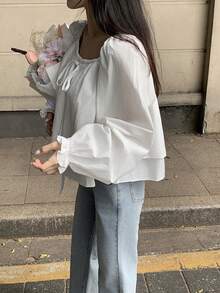DAZY 女士方领蝴蝶结纯色休闲长袖衬衫 - 白色 - 查看 8
