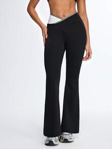 Eassivo Eassivo Contrast Waistband Flared Casual Sports Pants - Black - View 4