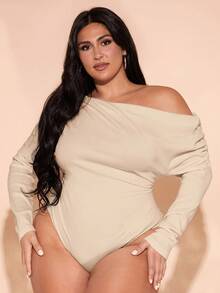 SHEIN BAE 加大码秋季黑色露肩不对称天鹅绒罗纹褶皱长袖连体衣优雅性感，适合约会和外出，适合冬季 - 卡其色 - 查看 1