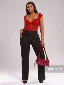 SHEIN BAE 大码女式黑色短袖紧身衣、性感优雅上衣、通勤紧身衣、派对紧身衣、年轻时尚连体裤、蕾丝花边紧身衣、海滩度假休闲紧身衣、户外、下午茶、日常穿着、Y2K 风格、海滩女装、节日晚装、T 恤、工作上衣、狂欢节服装、春季服装、夏季女装、母亲节、母亲节礼物、妈妈、音乐节、音乐会、办公室着装、休闲外出、毕业 - 紅色 - 查看 7