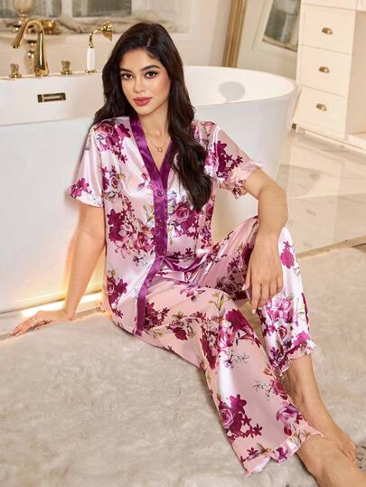 SHEIN Faux Silk Floral Print Trim Cardigan Pajama Set For Women Night Dress Pajama Women Nightwear Night Gown Set