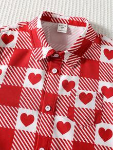 Young Boy's Casual Red Heart Plaid Long Sleeve Shirt, Back To School Boys' Basic Top, Suitable For Birthday Party, Gathering, Performance, Wedding, Baptism, Back To School, Travel, Sports, All Seasons, Valentine's Day - Red - View 3