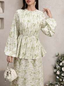 Veilorie Women's Printed Casual Long Sleeve Dress - Mint Green - View 1