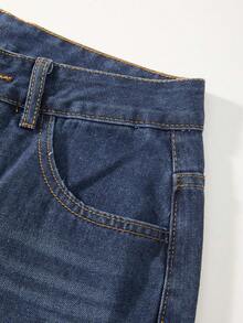 GlowEve 女士口袋撞色蕾丝和仿珍珠装饰阔腿宽松牛仔裤 - 藍色 - 查看 4