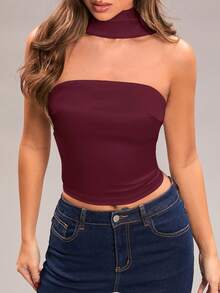 SHEIN BAE Women's Solid Color Halter Backless Tie Neck Camisole, Fashionable & Versatile For Dates, Parties - Maroon - View 4