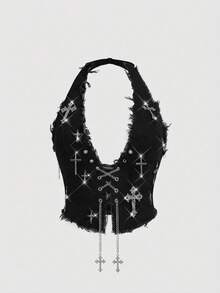 ROMWE Goth Women's Retro Dark Cross Halter Neck Sexy Denim Top - Black - View 1