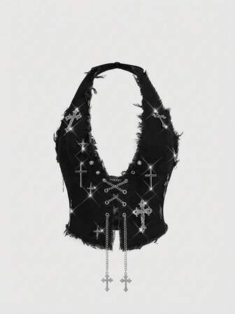 Goth Damen Retro Dunkel Kreuz Neckholder Sexy Jeans Top