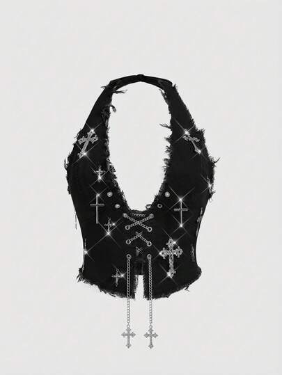 Goth Damen Retro Dunkel Kreuz Neckholder Sexy Jeans Top