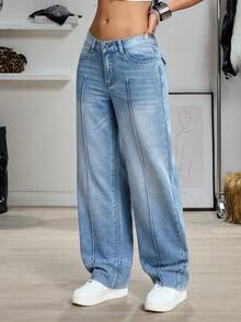 SHEIN EZwear Y2K 女式浅蓝色低腰直筒宽松牛仔裤 - 淺色水洗藍 - 查看 7