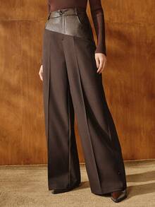 Anewsta 时尚皮革拼接阔腿裤，高腰显瘦设计，秋季款