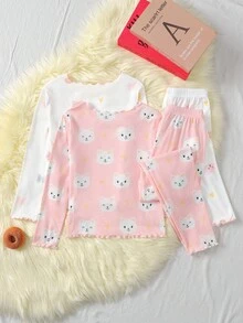 SHEIN 4pcs Tween Girls' Casual Comfortable Soft Cartoon Cat Pattern Pajama Set - Multicolor - View 2