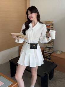 DAZY 女士休闲纯色翻领褶皱宽松迷你连衣裙 - 白色 - 查看 9