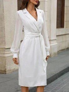 EMERY ROSE Women's Solid Color Wrap Long Sleeve Midi Dress Women Elegant Dress White Long Sleeve Dress - White - View 4
