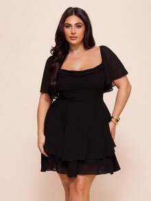 SHEIN BAE 大码女式黑色荷叶边袖连体裤 - 黑色 - 查看 7