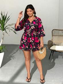 Breezaya Plus Size Floral Print Casual Romper - Multicolor - View 5