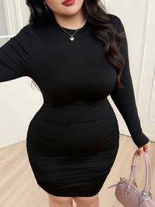 CovetEZ Plus Size Black Ribbed Bodycon Dress, Solid Color, Round Neck, Suitable For Spring & Autumn - Black - View 4