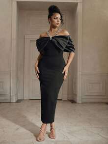 Anewsta 性感露肩优雅水钻链条黑色亮片连衣裙，适合圣诞节和新年派对 - 黑色 - 查看 5