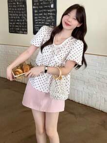 DAZY Áo kiểu nữ tay phồng phối ren chấm bi, phong cách Hàn Quốc, thích hợp cho mùa xuân/hè. - Màu be - Xem 3