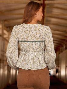 WESTFADE Áo voan hoa cổ chữ V khoét lỗ khóa phía trước tay dài bồng bềnh dễ thương cho nữ mùa thu - Nhiều màu - Xem 4