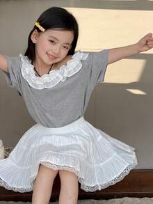 DAZY Young Girl' Casual Ruffle Trim Asymmetrical Shoulder Short Sleeve T-Shirt - Grey - View 2