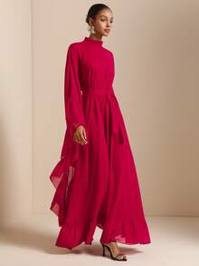 SHEIN Veneréa 立领长袖荷叶边薄纱蝴蝶结收腰时尚性感女士长裙 - 彩色 - 查看 5