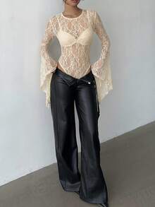 Aloruh Women's Halloween Flare Sleeve Apricot Lace Bodysuit - Apricot - View 6