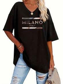 EMERY ROSE Plus Size Casual Black V Neck Short Sleeve Drop Shoulder T Shirt With Retro Milano Italy Print Knitted Fabric Regular Length - Black - View 1