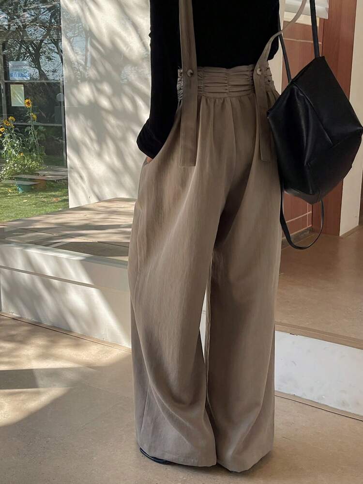 Women's Elegant Formal Pleated Wide Leg Jumpsuit, Loose Solid Color, Spring/Autumn Romper