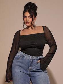 SHEIN BAE 大码女式秋冬针织弹力褶皱连体衣 - 黑色 - 查看 6