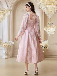 Modelyn 女士纯色蕾丝常规长袖优雅连衣裙 - 粉色 - 查看 4