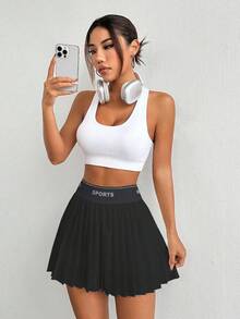 Velisys 2pcs Set: Casual Versatile Solid Color High Stretch Letter Elastic Waistband Storage Shorts & Pleated Skort - Multicolor - View 4