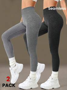 2pcs Set + Regular Pants/Ribbed/Black + Gray + Sweatpants + Sportswear - Multicolor - View 1