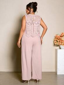 Cravure 春夏新款水溶蕾丝边吊带背心+阔腿连体裤女装套装，优雅精致，时尚百搭，适合工作或鸡尾酒会等场合，经典款式 - 粉色 - 查看 2