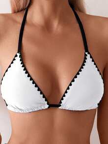 Swim Basics Women's Floral Trim Halter Neck Contrast Trim Bikini Top - White - View 3