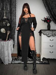 Whyspr Plus Size Women's Fashionable Sexy Halter Neck Slit Tie-Up Dress - Black - View 8