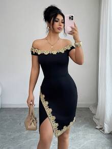 SHEIN Elenzya Elegant Romantic Off-Shoulder Ruffle Asymmetric Hem Bodycon Dress For Women