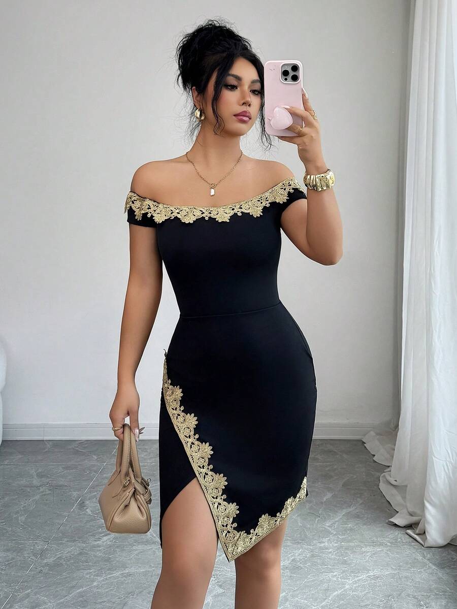 SHEIN Elenzya Elegant Romantic Off-Shoulder Ruffle Asymmetric Hem Bodycon Dress For Women