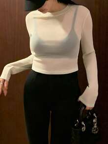 DAZY 女士时尚性感透视修身长袖短款T恤度假装 - 杏色 - 查看 7